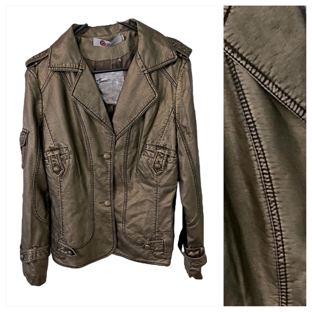 NWT Gitana Woman’s Gold Metallic Faux Leather Jacket Sz L